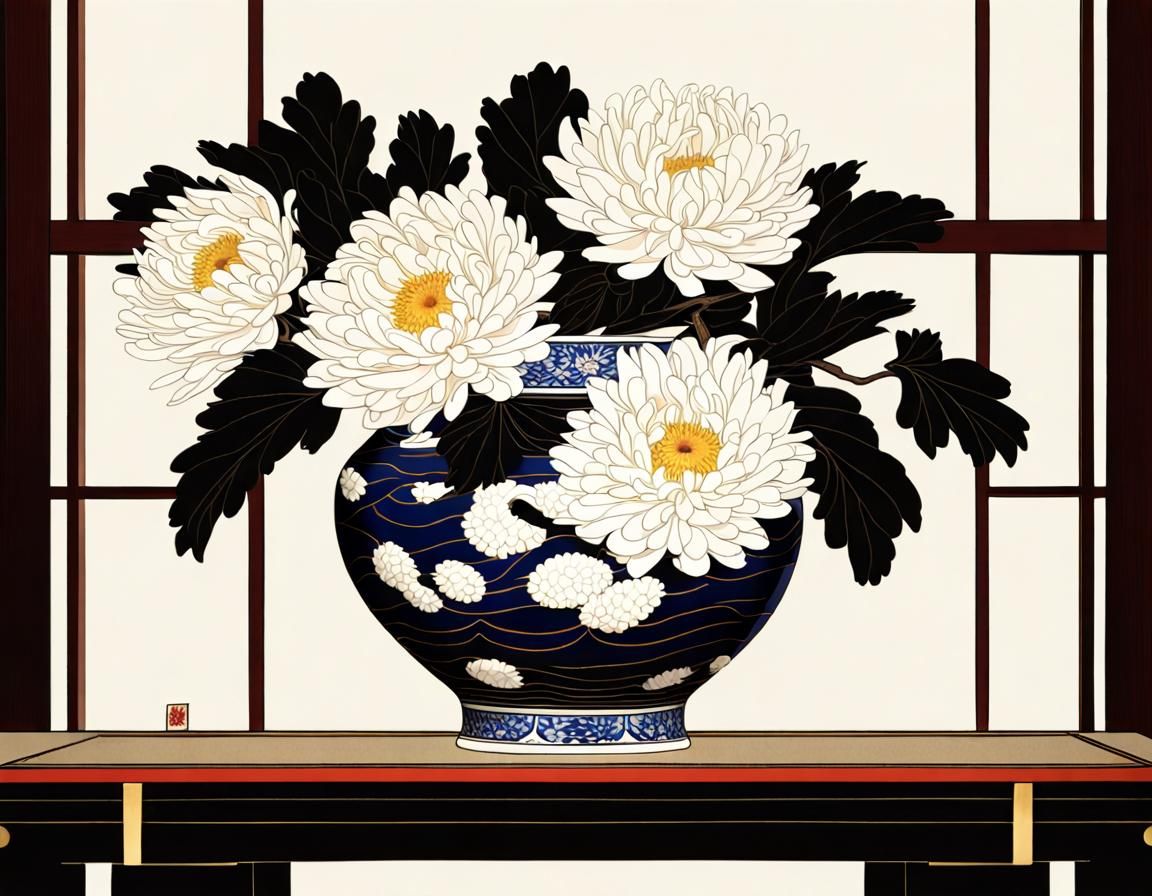 Ikebana Chrysanthemum Arrangement in Kintsugi Vase