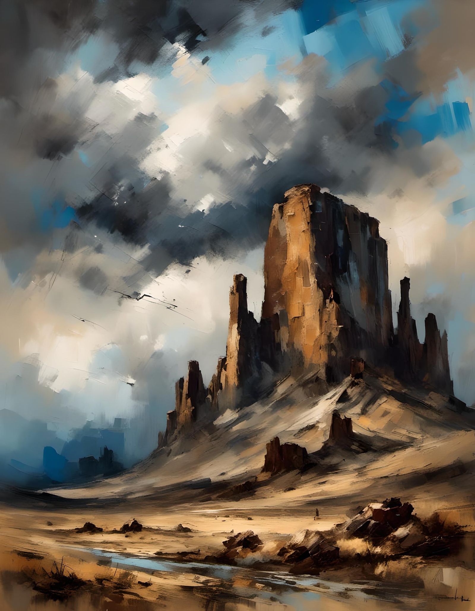 Dramatic Western Scenery with Stormy Skies as Impasto