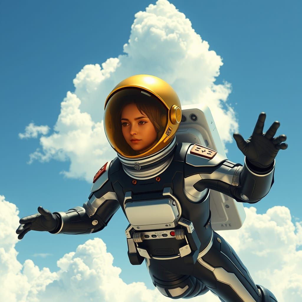 Astronaut Soaring Through Sky in Futuristic Art Style