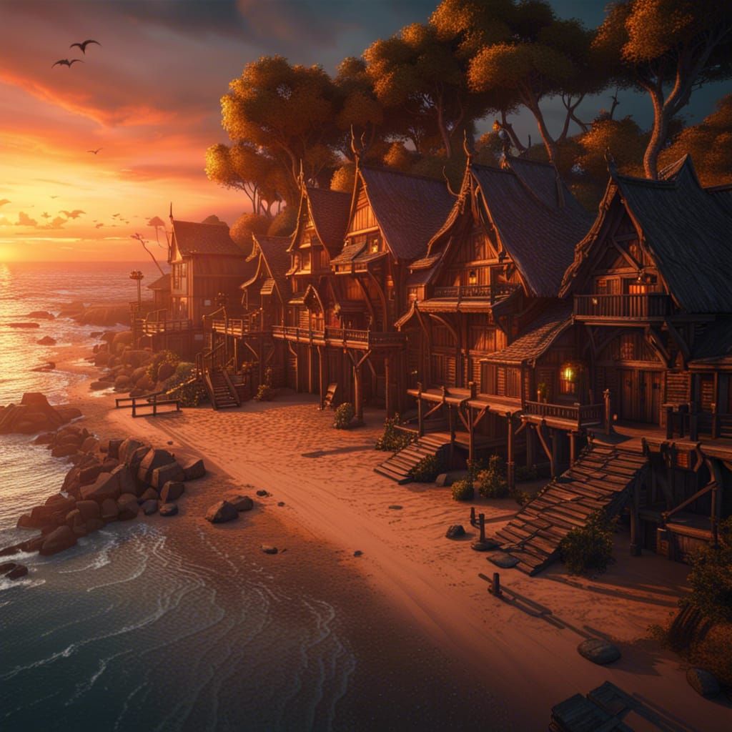 Sunset Over Wood Beach Village in Detailed Matte Painting