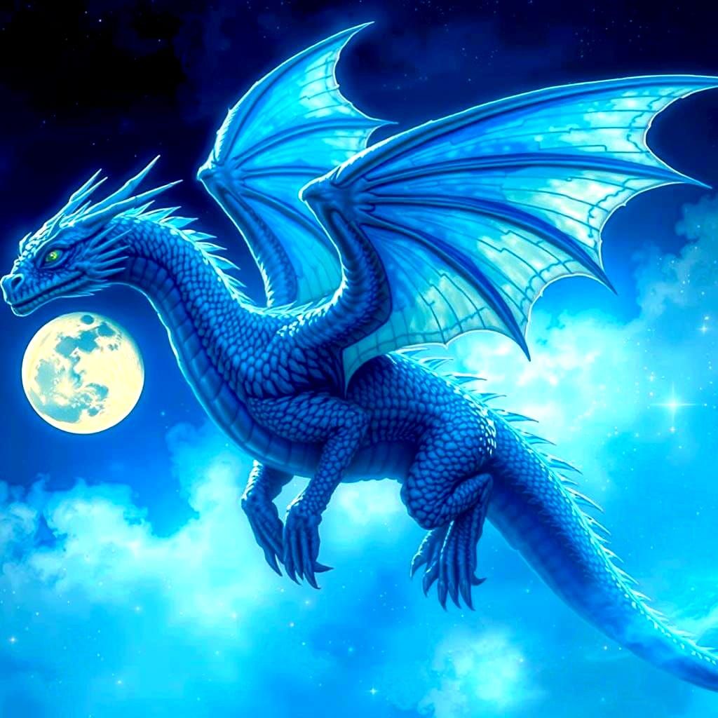Iridescent blue dragon flying in the moonlit night