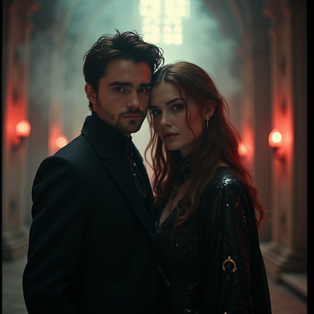 Aetherpunk Figures in Mystical Setting, Cinematic Photograph...