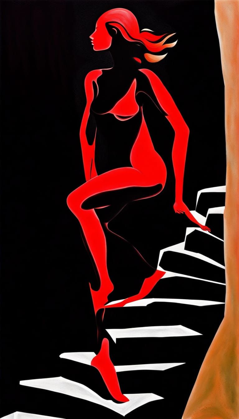 Abstract Red Female Figure Climbing Steps