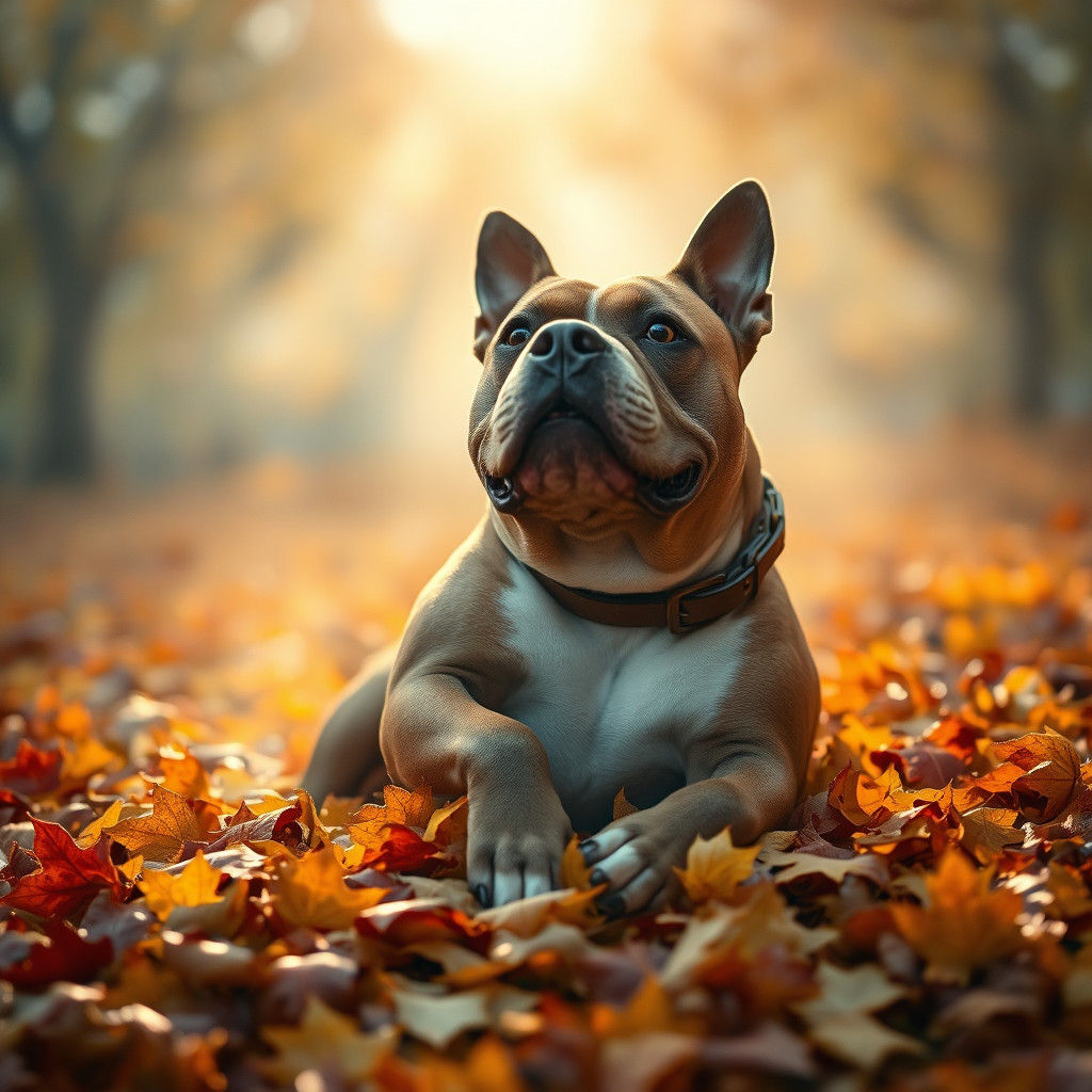 American Bully in Autumn Leaves, Warm 35mm Shot