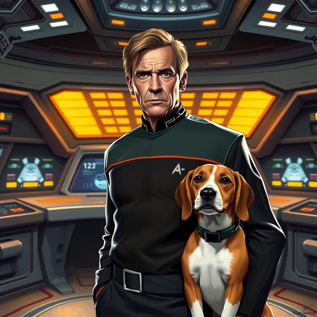 Starfleet Captain with Loyal Canine Companion in Retro Sci-F...
