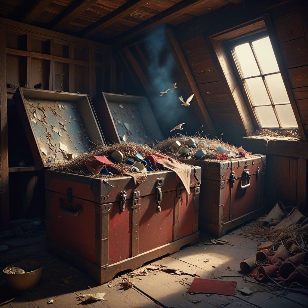 Surreal Attic with Bird Nests and Dusty Treasures