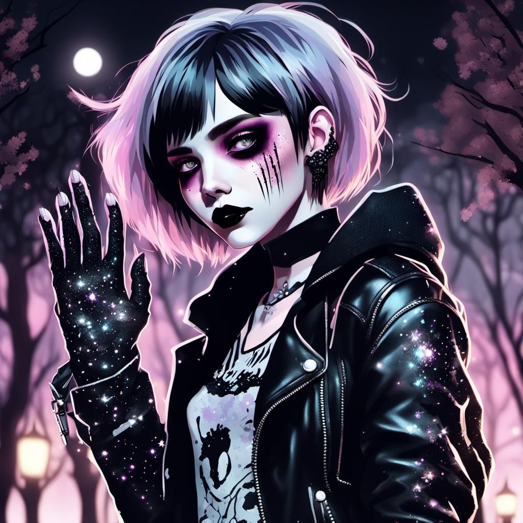 Pastel Goth Punk Woman in Noir Night Scene