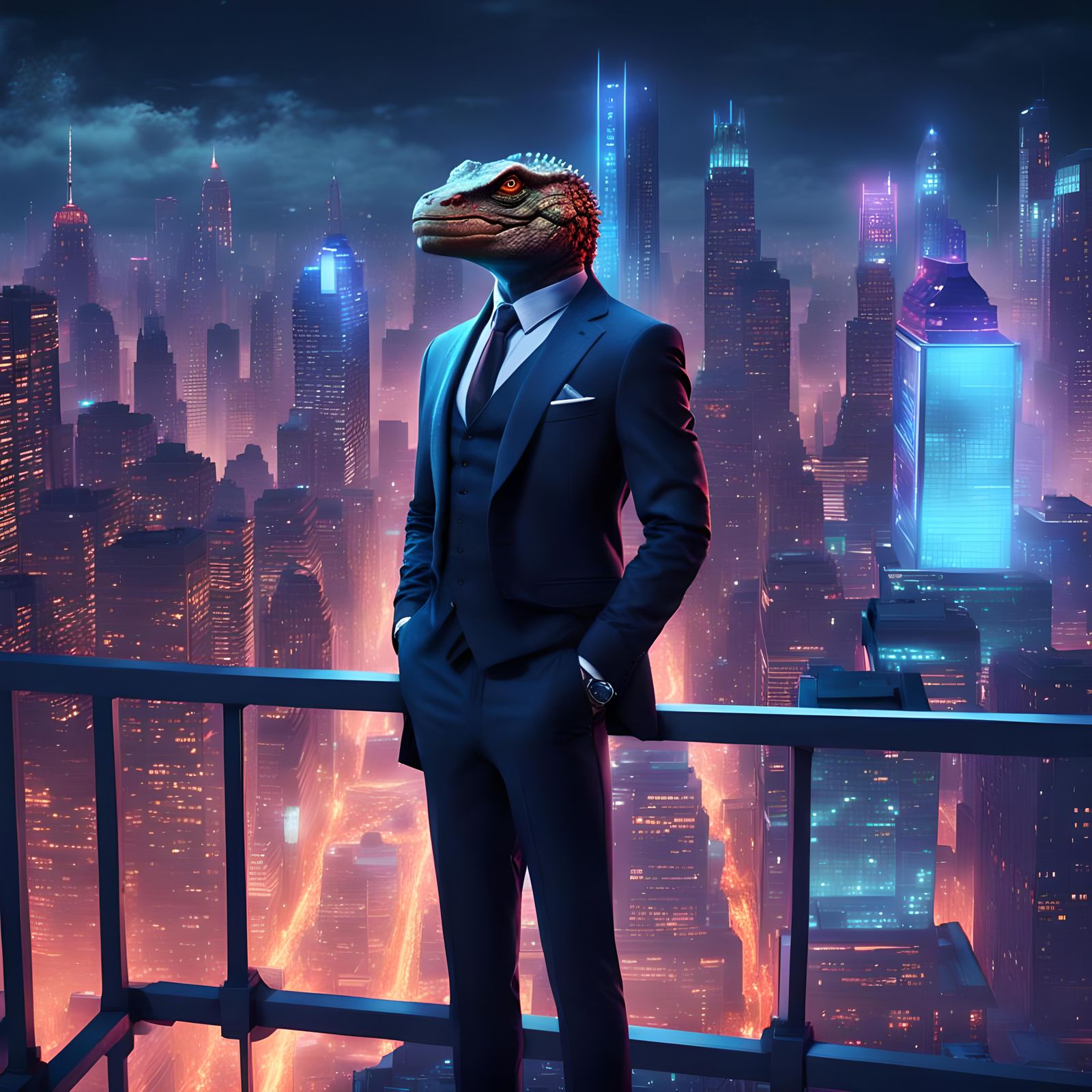 Reptilian Man on Skyscraper Roof in Metropolis