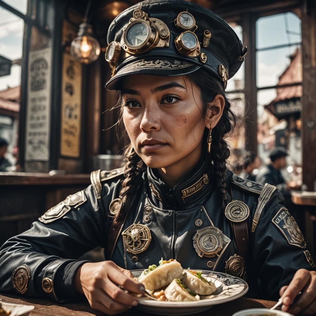 Steampunk Officer Eats Dumplings, Cyberpunk Style