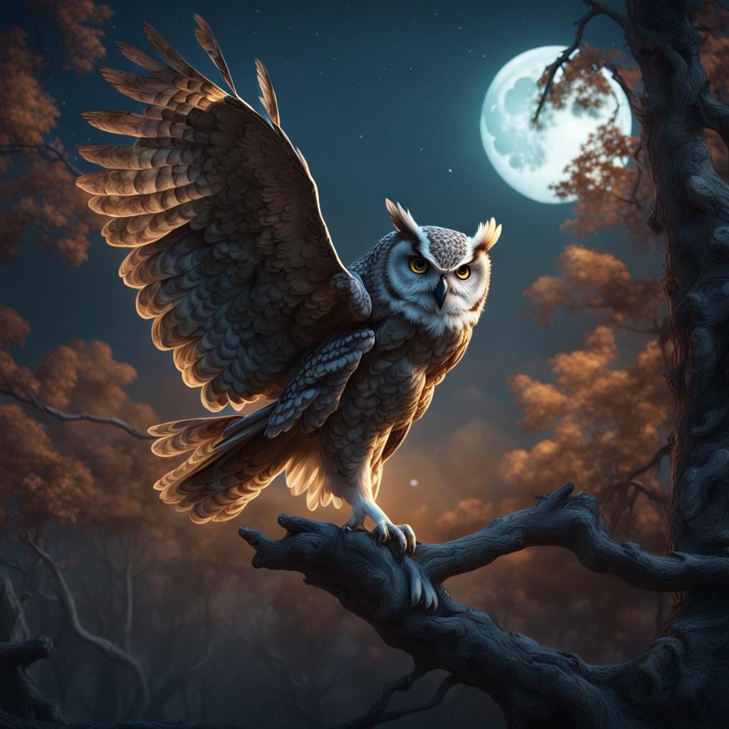 Majestic Owl in Moonlight: Detailed Matte Painting