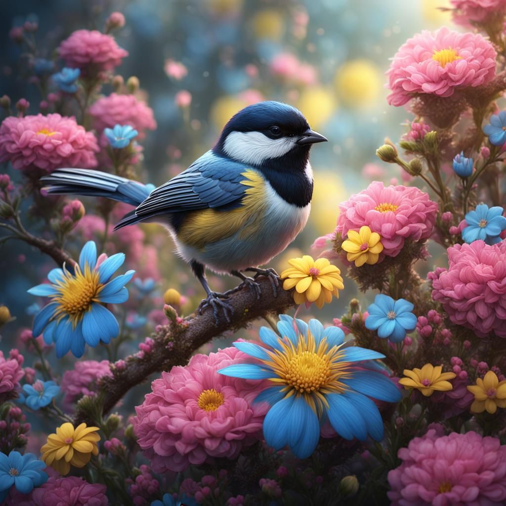 Floral Chickadee: Detailed Matte Painting in Deep Color