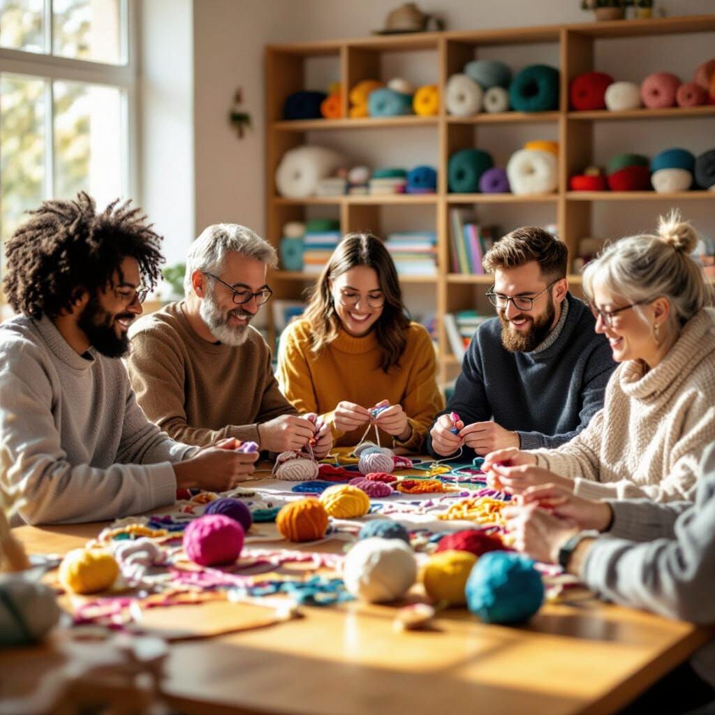 Diverse Group Crocheting in Sunlit Classroom