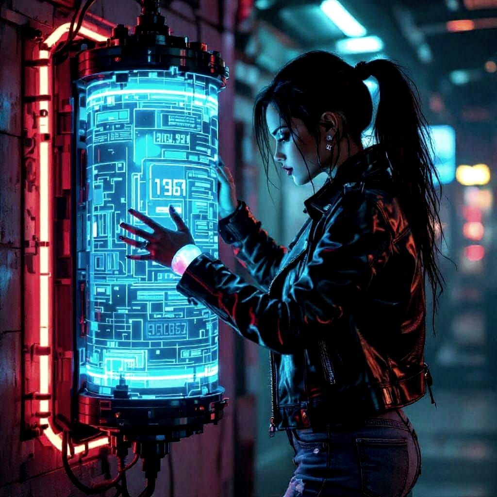 Cyberpunk Girl Charging Sci-Fi Battery on Wall