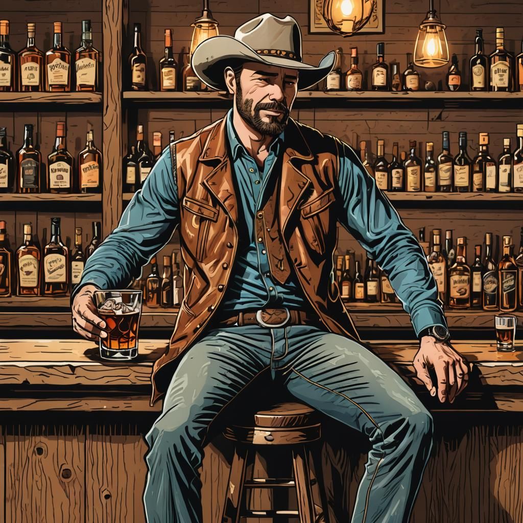 Cowboy Drinks Whiskey: Digital Line Art Illustration