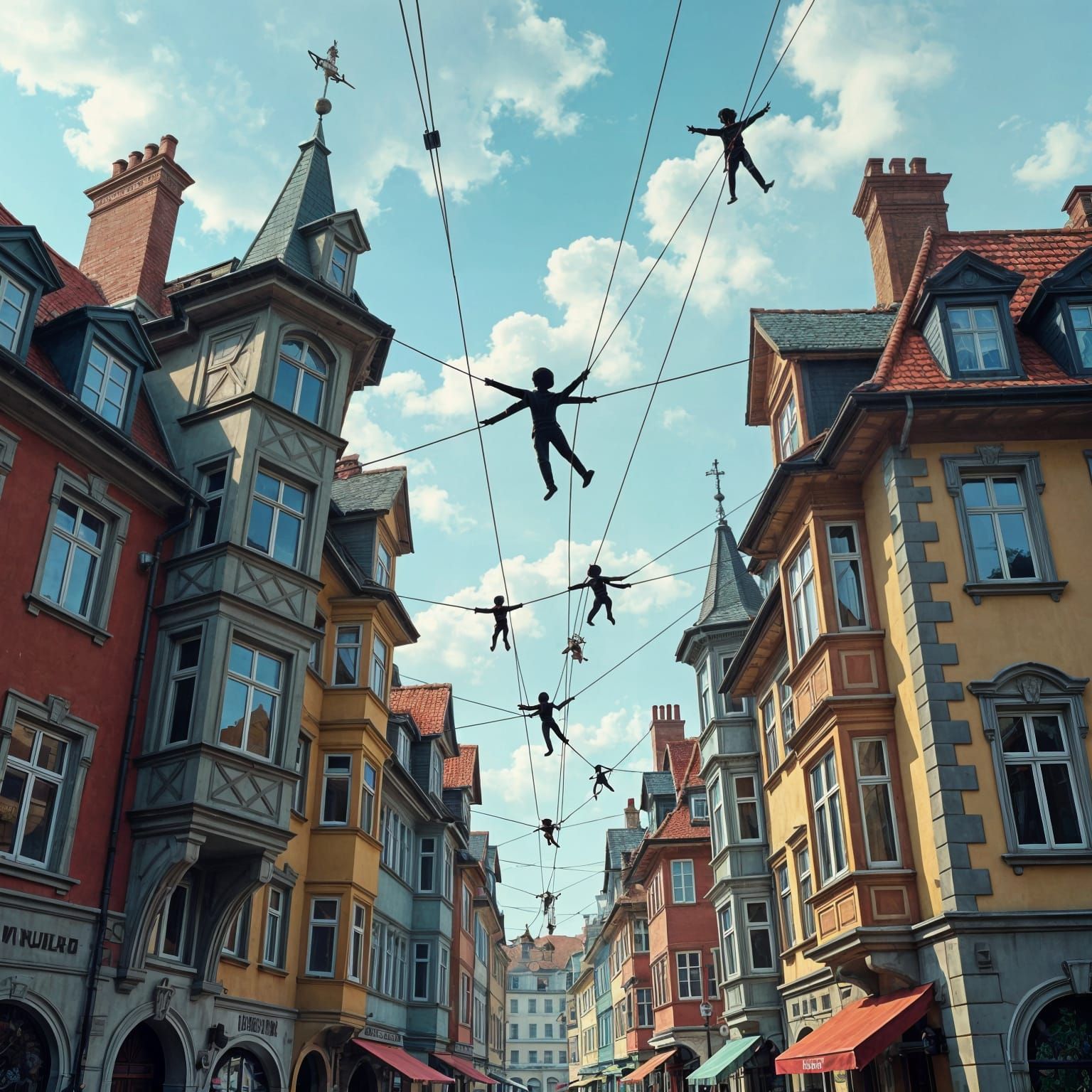 Surreal Contorted Buildings Connected by Marionette Strings