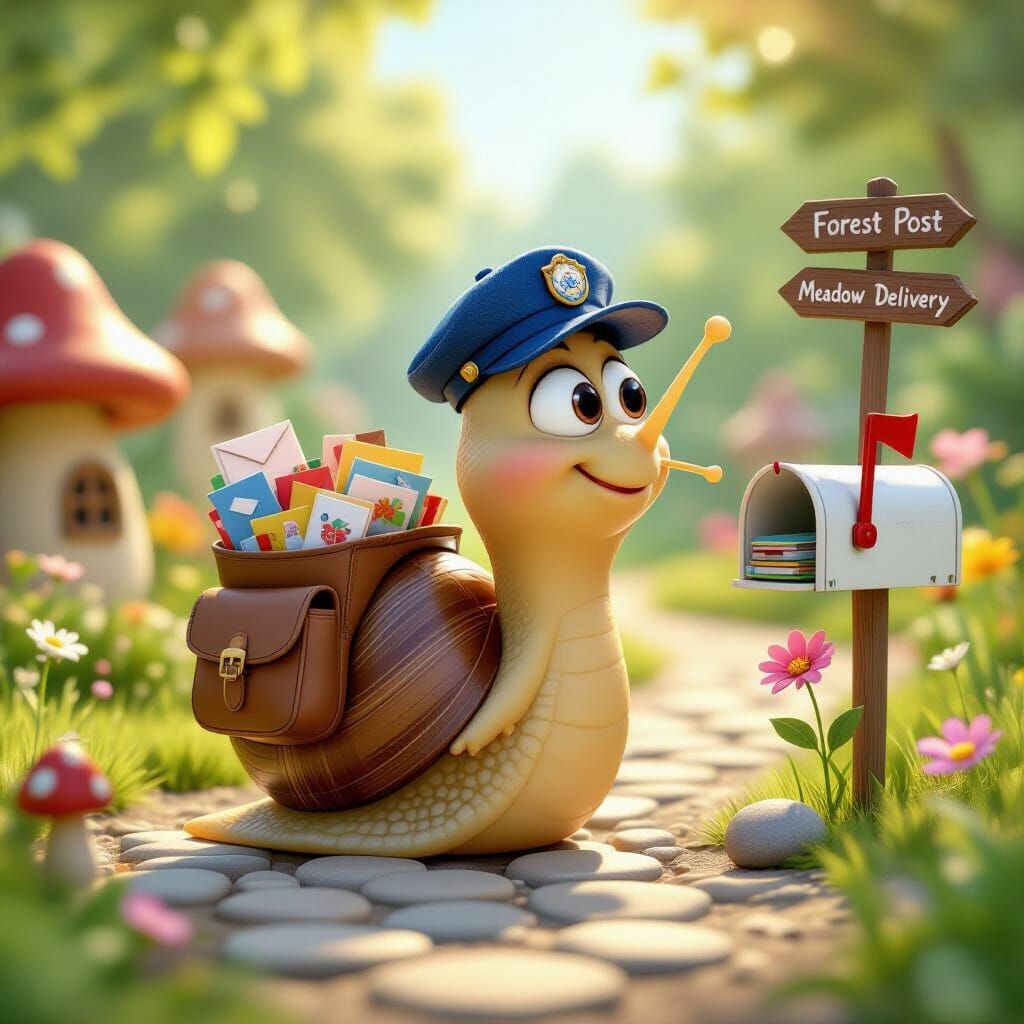 Cartoon Snail Postman in Pixar Style