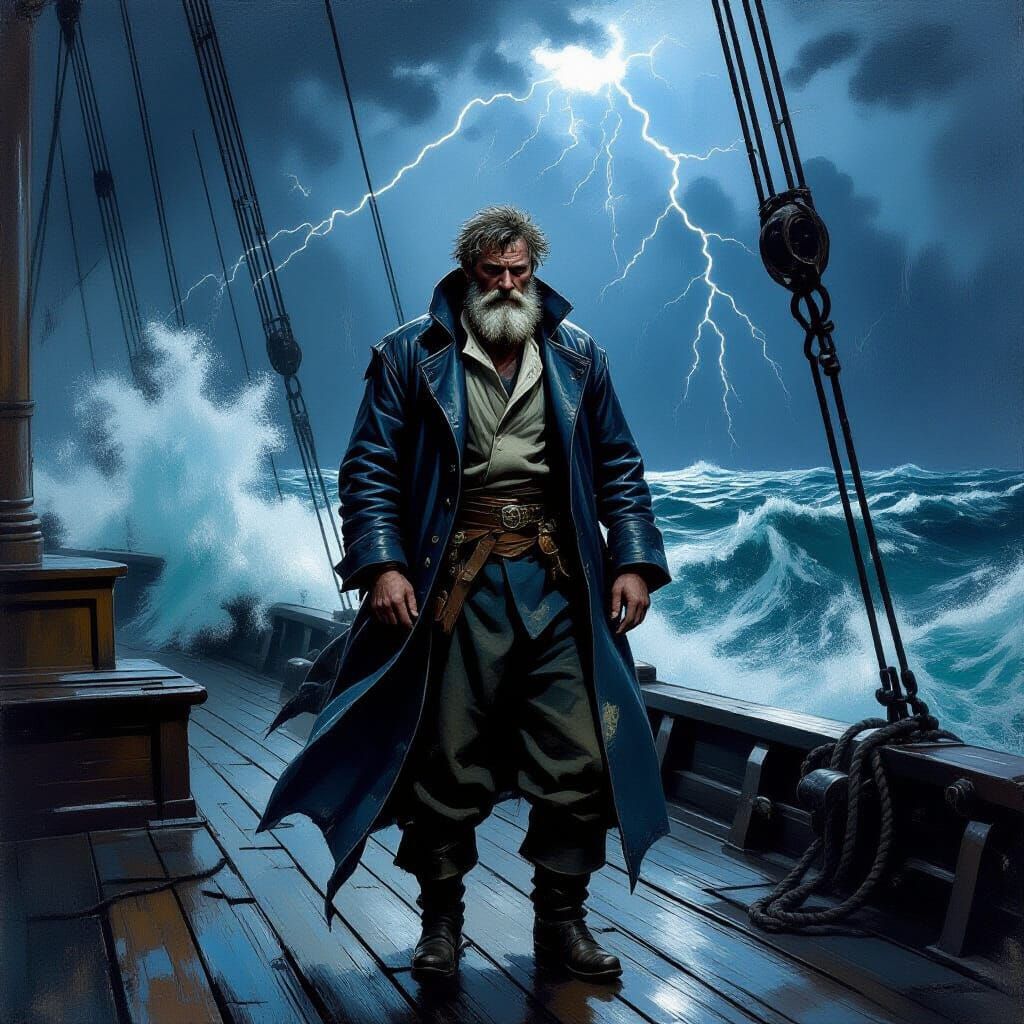 Sailor on Stormy Ship Deck in Maritime Oil Painting Style