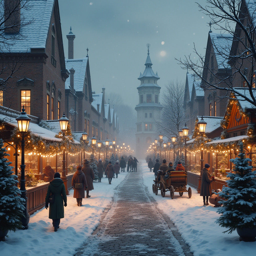 Victorian Christmas Town Square in Matte Painting Style