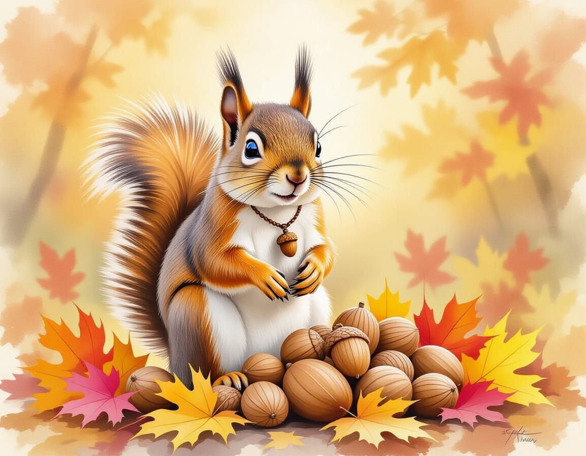 Wise Old Squirrel in Watercolor with Acorn Necklace