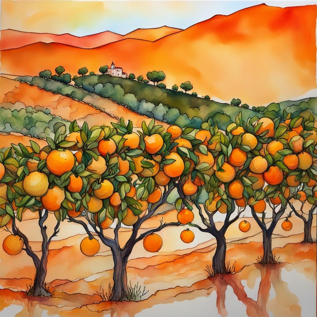 Sunset Over Orange Grove in Alcohol Ink Style