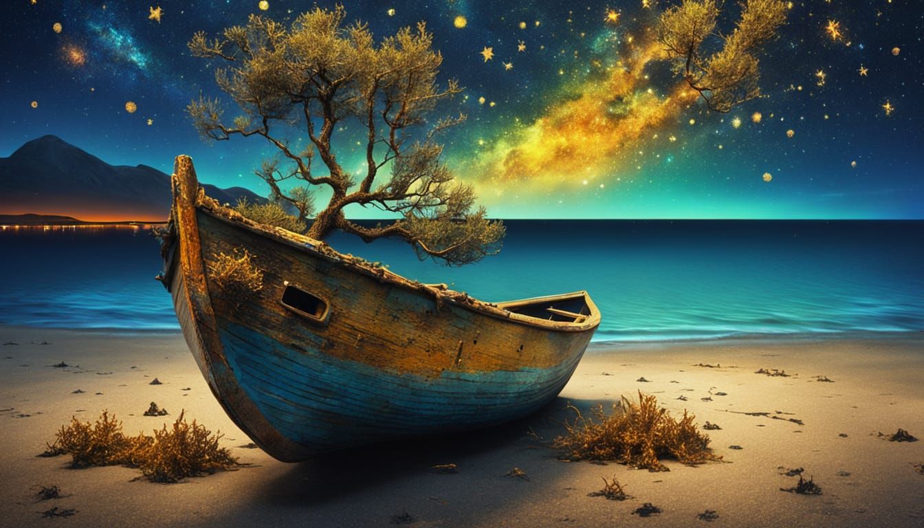 Surrealist Beach Scene with Golden Stars as Impasto Painting