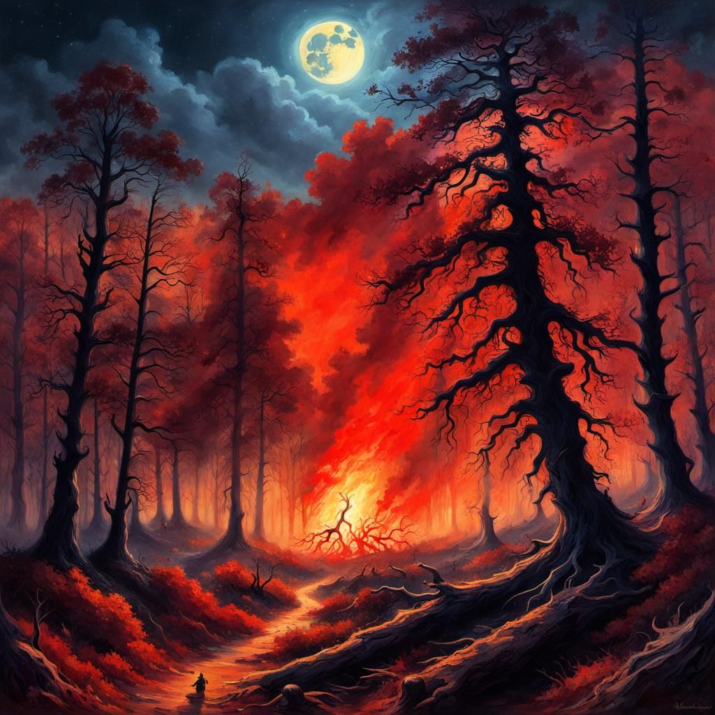 Scary Autumn Forest Bonfire: A Romantic Naturalism Painting