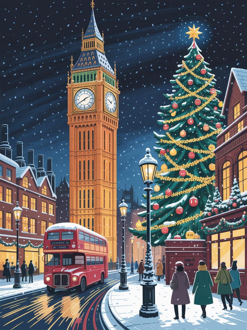 Christmas Night in London Big Ben Snowfall Storybook Style