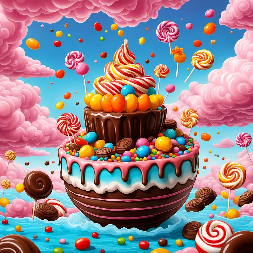 Candy Ship Sailing Chocolate Ocean in Candy Art Style