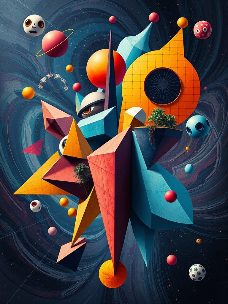 Cosmic Dance: Geometric Shapes in Cubist Style
