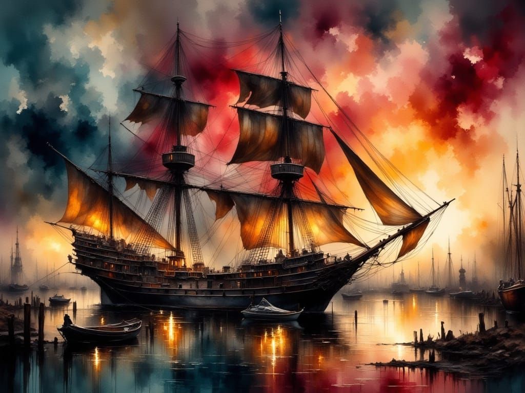 Majestic 19th-Century Merchant Ship in Serene Harbor