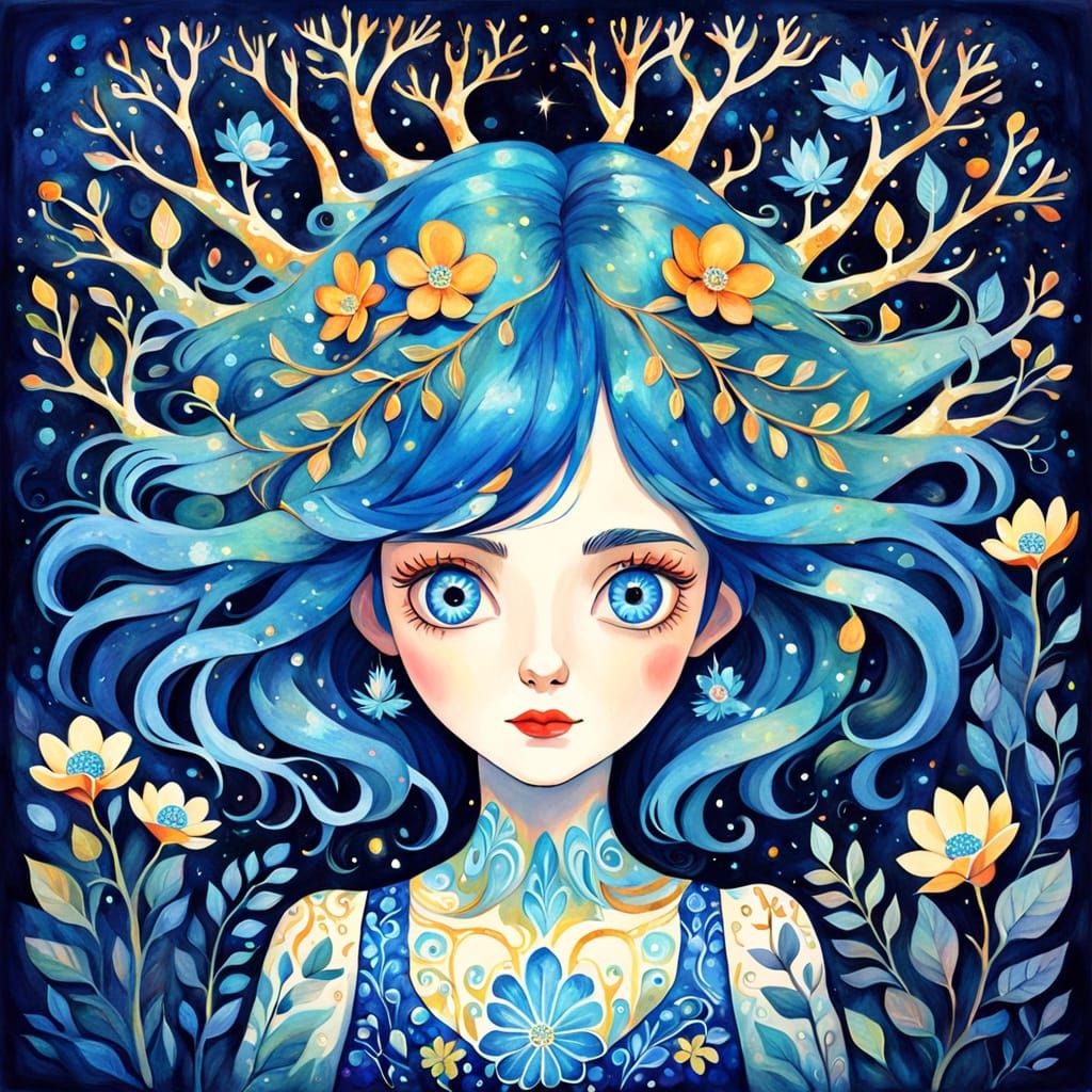 Surreal Woman with Floral Hair in Ethereal Watercolor Style