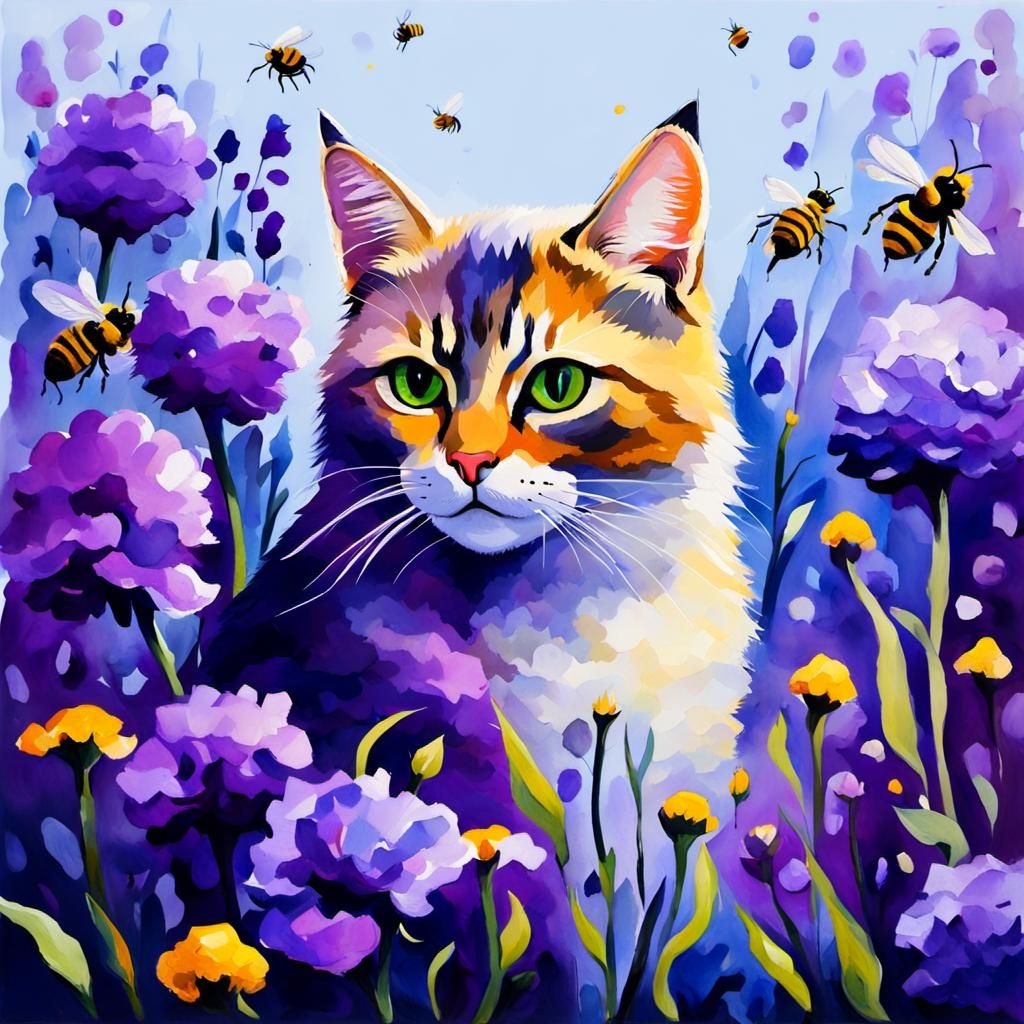 Cat in Flowers: Gouache and Watercolor Impressionism