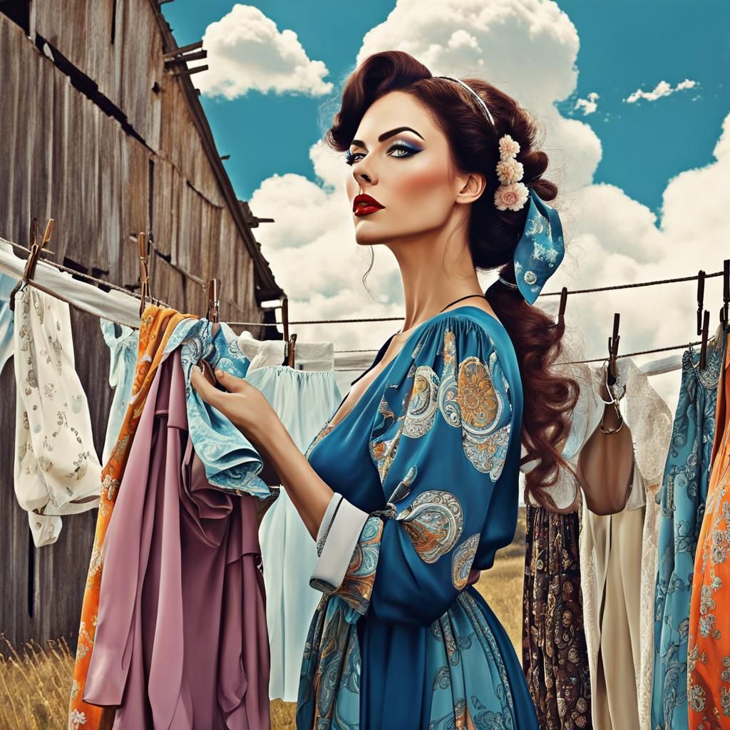 Art Deco Woman Hanging Clothes on Clothesline