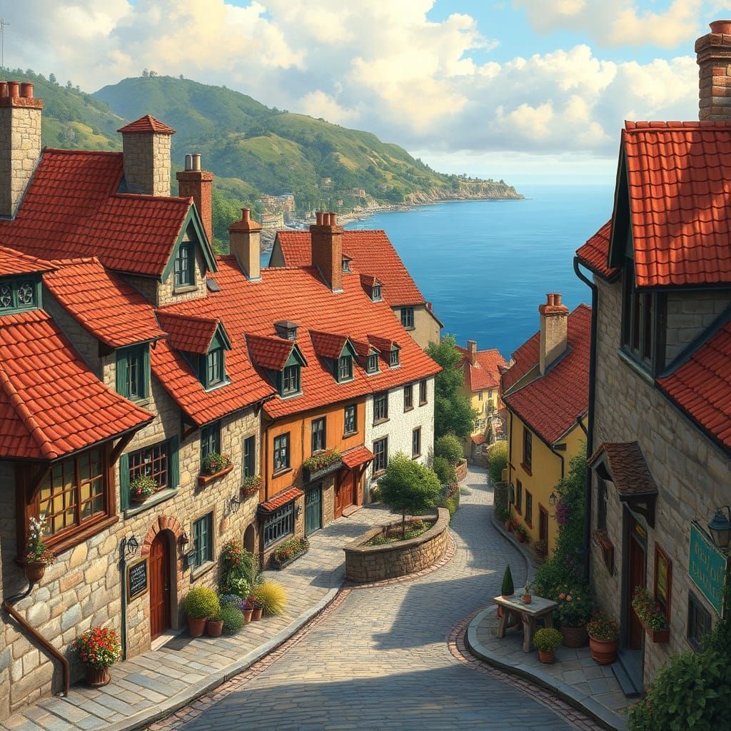 Charming Village by the Bay in Rockwell Style