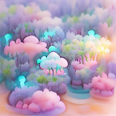 Neon Pastel Dreamscape: A Glowing Cloudy Woodland