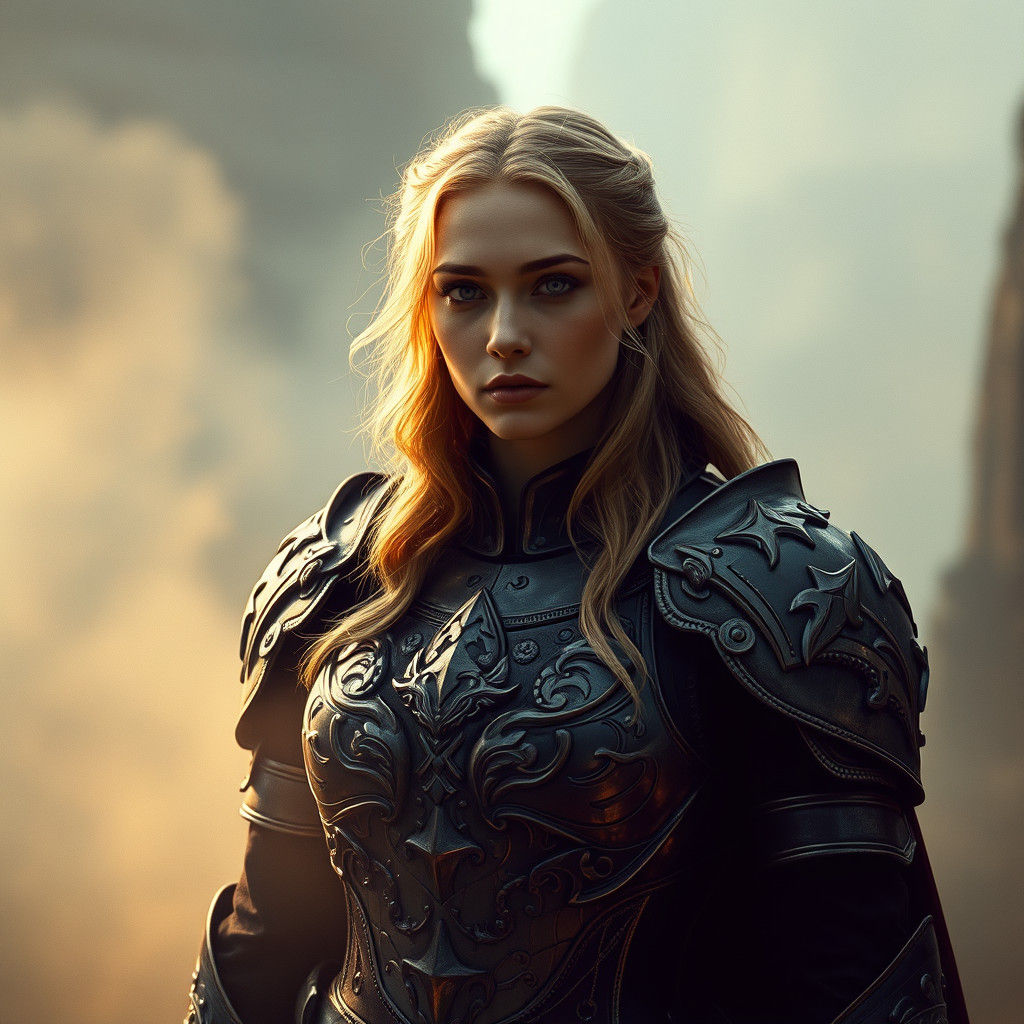 Ethereal Warrior Woman in Medieval Landscape