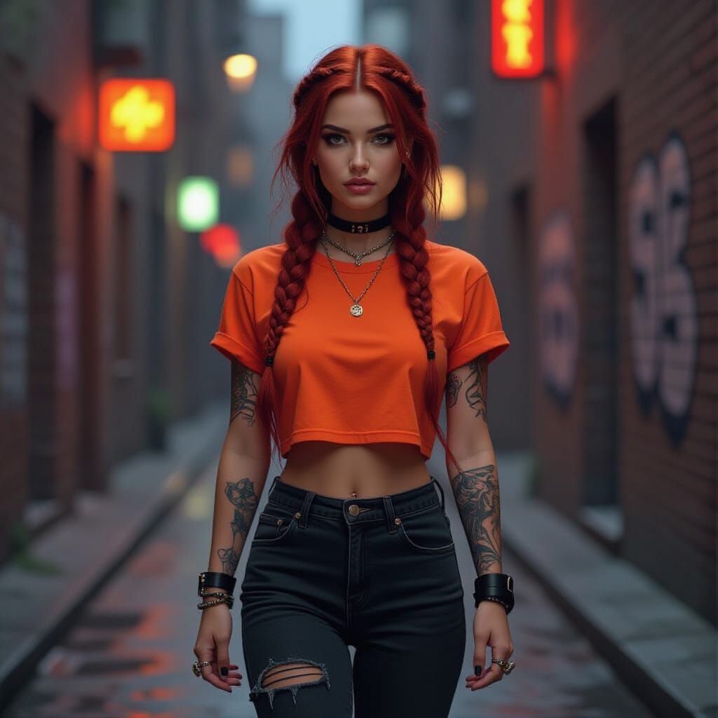 Red-Haired Woman in Alleyway, Photorealistic Digital Art
