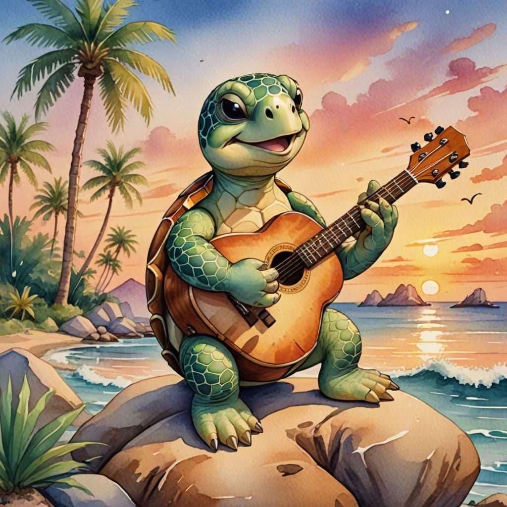 Anthropomorphic Turtle's Sunset Serenade in Watercolor