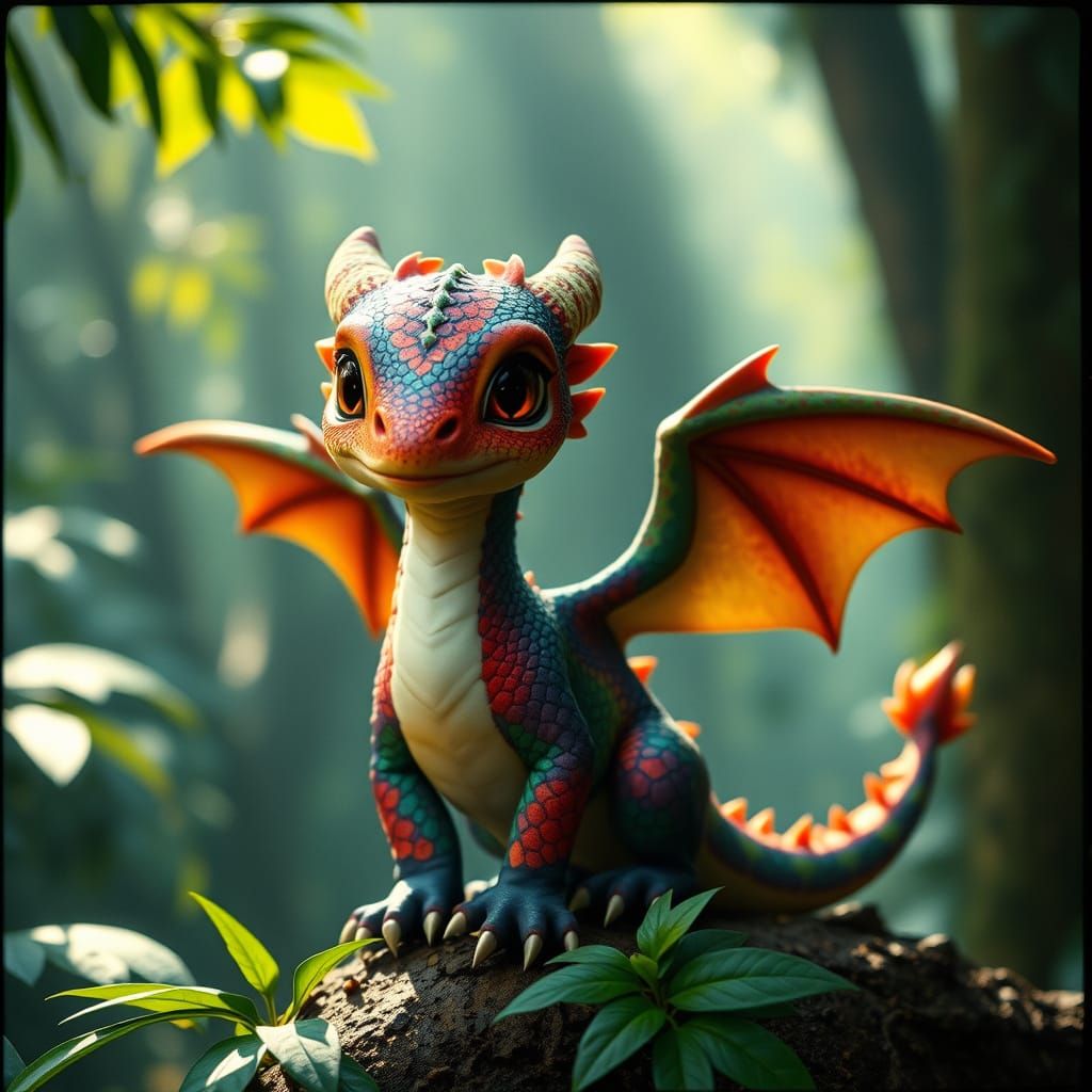 Hyper-Realistic Dragon in Rainforest with Dappled Sunlight