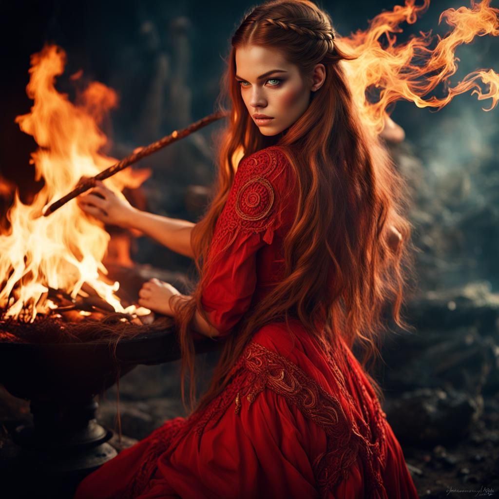 Pagan Witch Dances in Firelight: Hyperrealistic Portrait