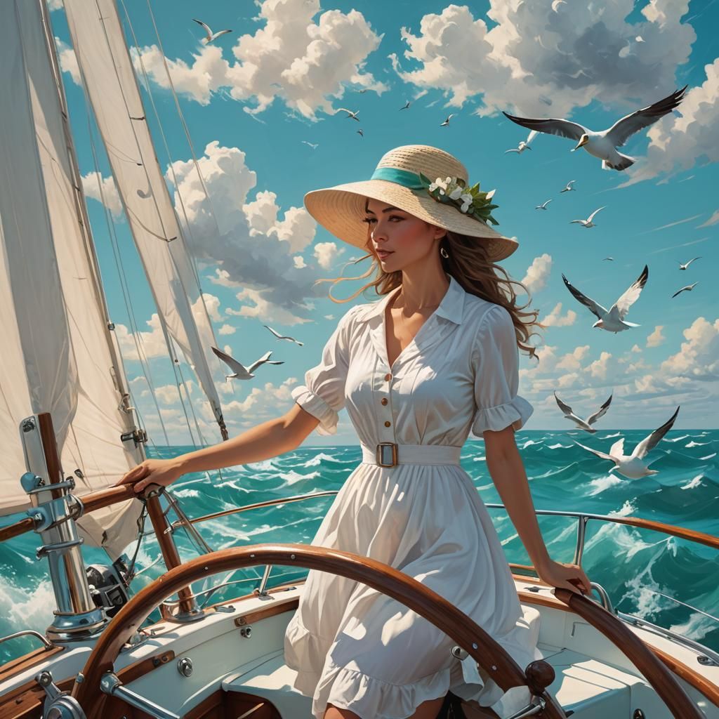 Girl on Sailboat in Sunny Turquoise Sea, Impressionistic Sty...