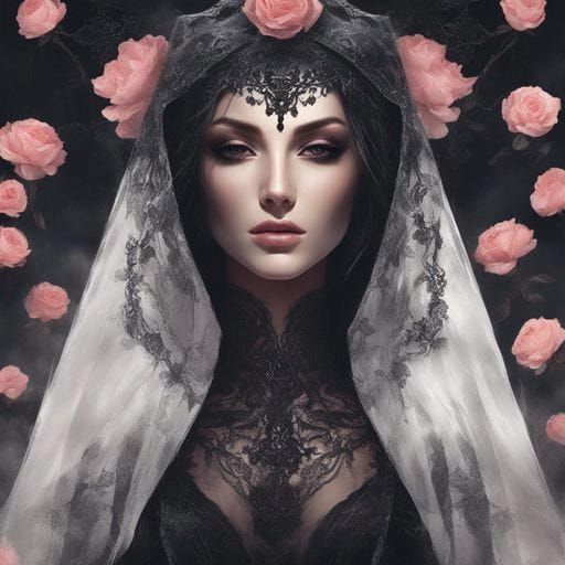 Dark Mistress in Veil with Rose Petals