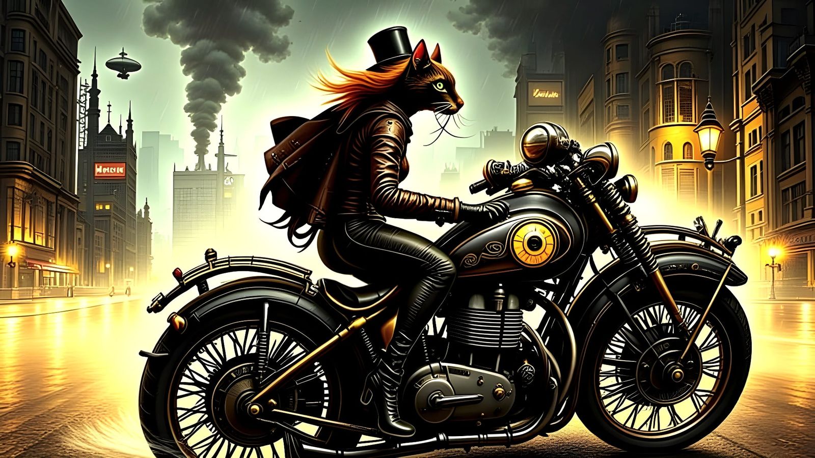 Rebellious Cat Races Steampunk City on Motorcycle