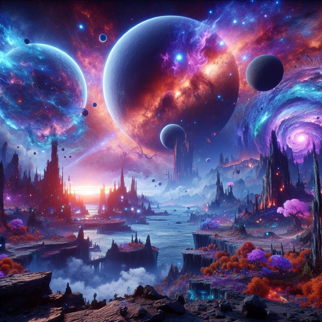 Fantastical New World with Moon and Sun