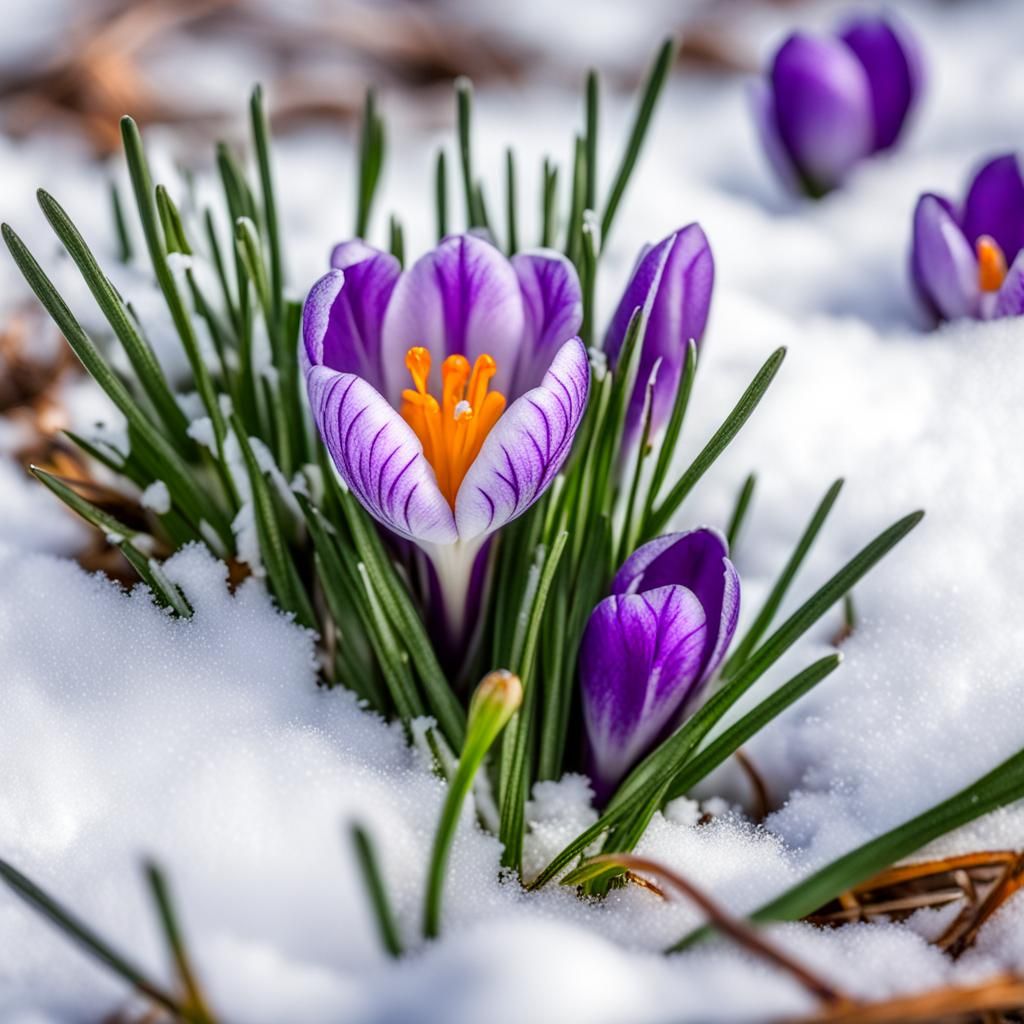 Purple Crocus Sprouts Through Snow in Springtime