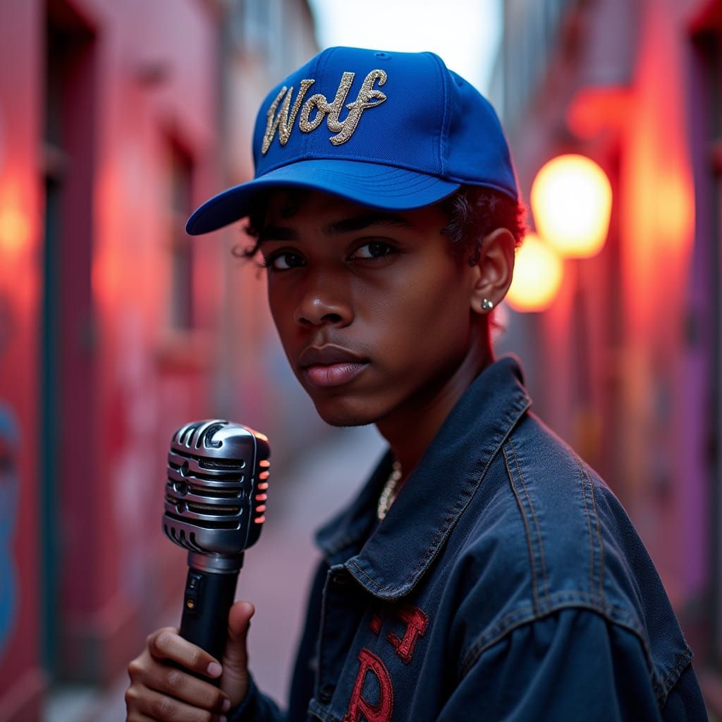 Rapper in Graffiti Alleyway, Hyper-saturated Street Art