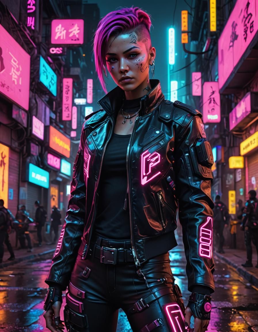 Cyberpunk woman, muscular, metallic body, high-tech features...