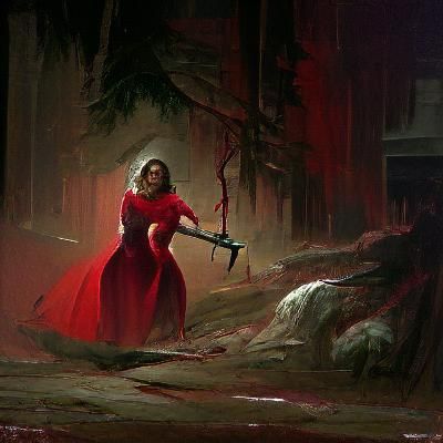 Sinister Lady in Red with Bloody Axe