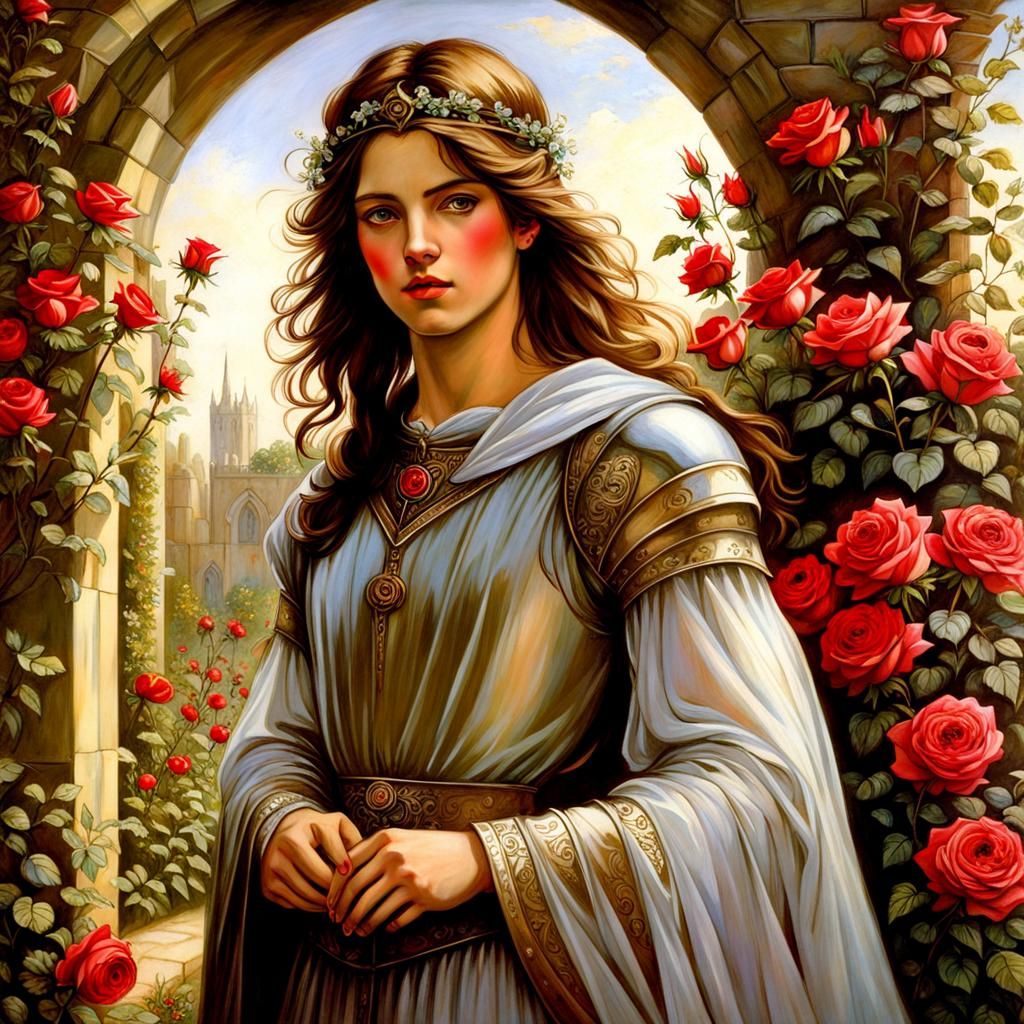 Medieval Lovers in Rose Garden: A Waterhouse-Inspired Scene