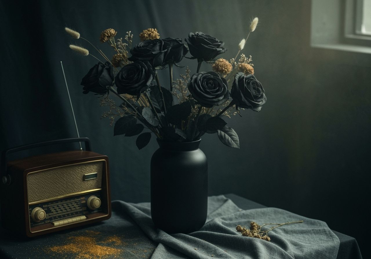 Moody Still Life: Black Roses and Vintage Radio